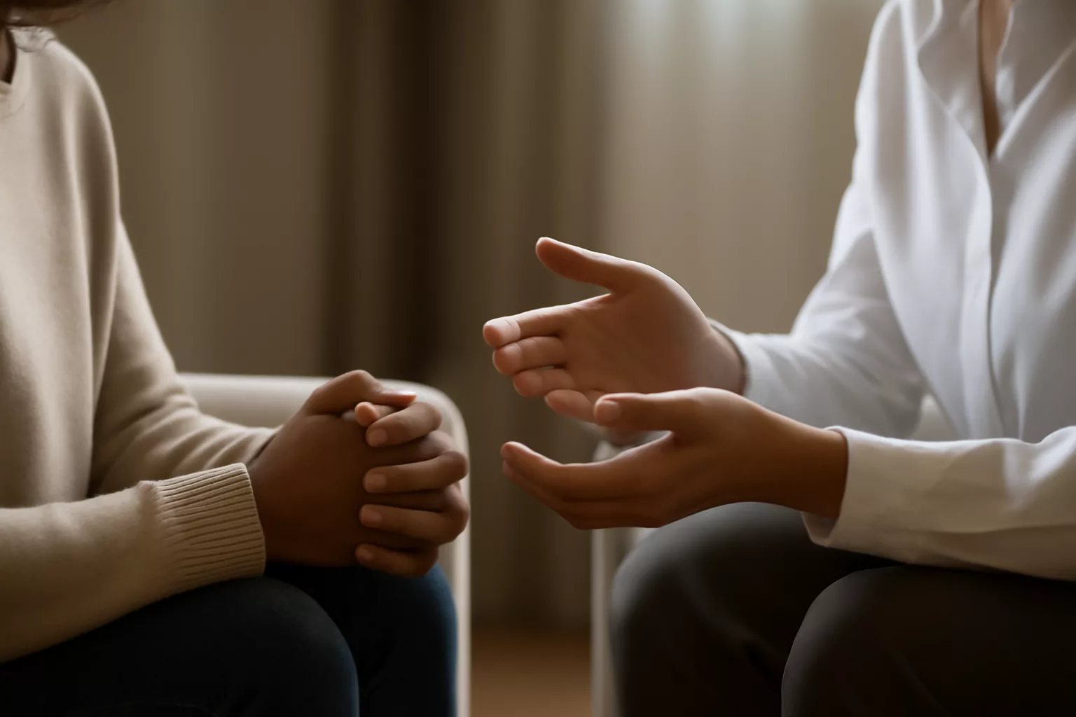Dos personas sentadas frente a frente con las manos visibles durante una conversación tranquila