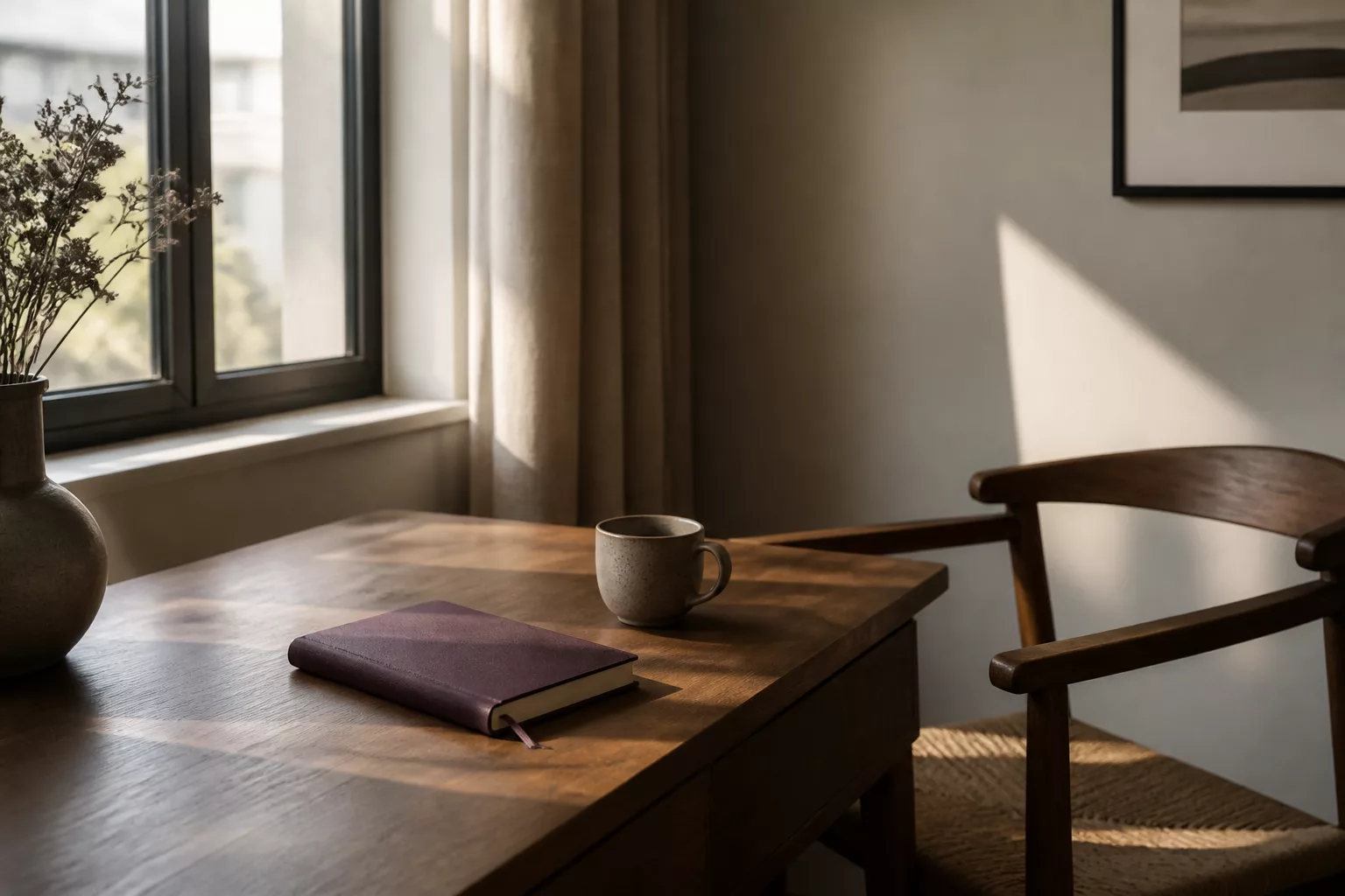 Mesa sobria con una taza, libreta cerrada y luz suave de mañana